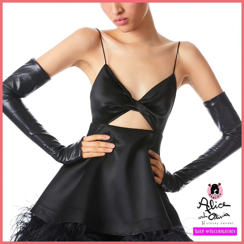 Alice + Olivia Vegan Leather Black Long Opera Dress Gloves